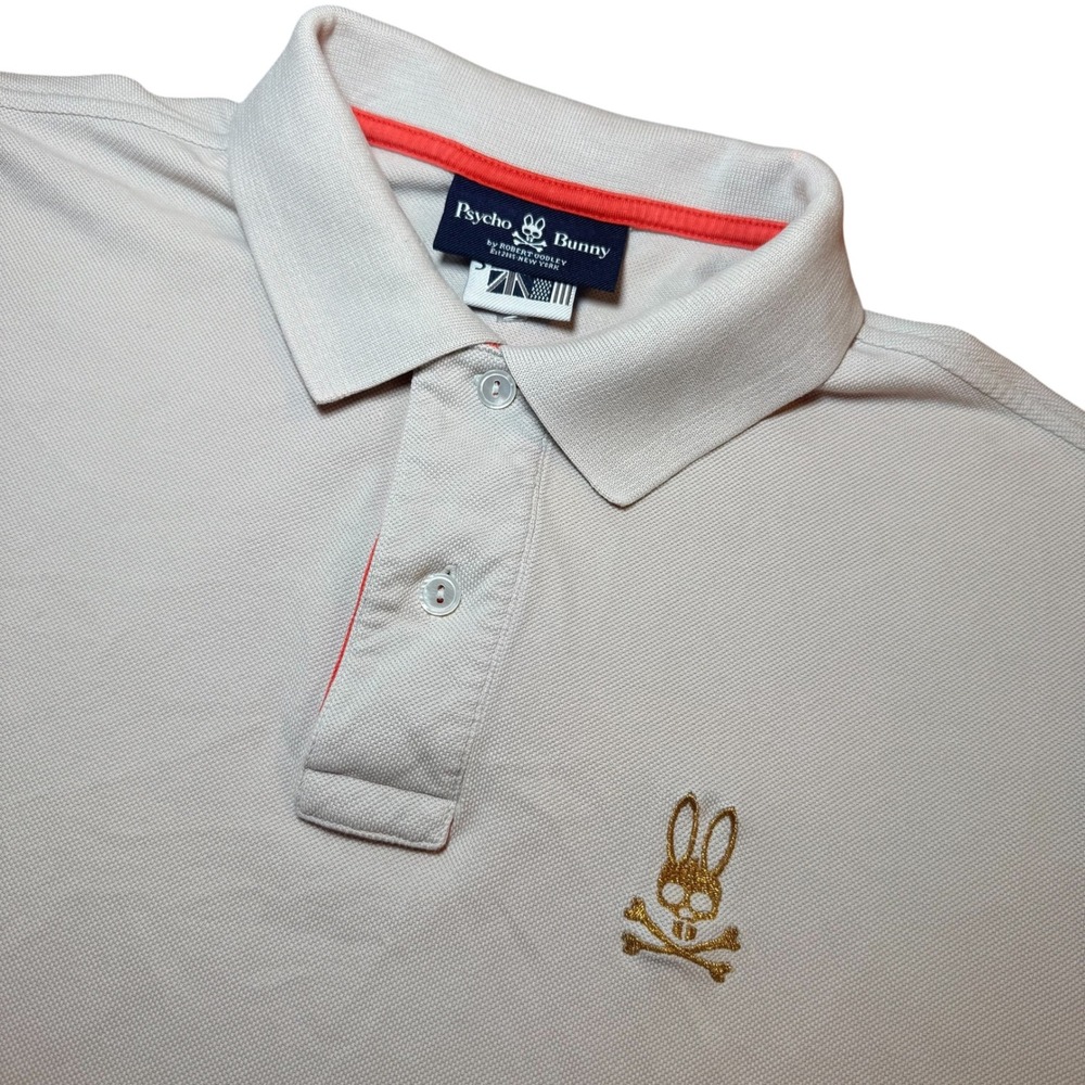 Psycho Bunny Mens Sz 5(M) Beige Pima Cotton Polo Shirt Gold Logo Short Sleeve